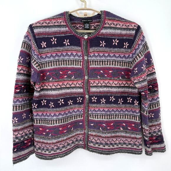 Deane & White Vintage Snowflake Cardigan Sweater Purple Pink Fair Isle  Large - Picture 1 of 6